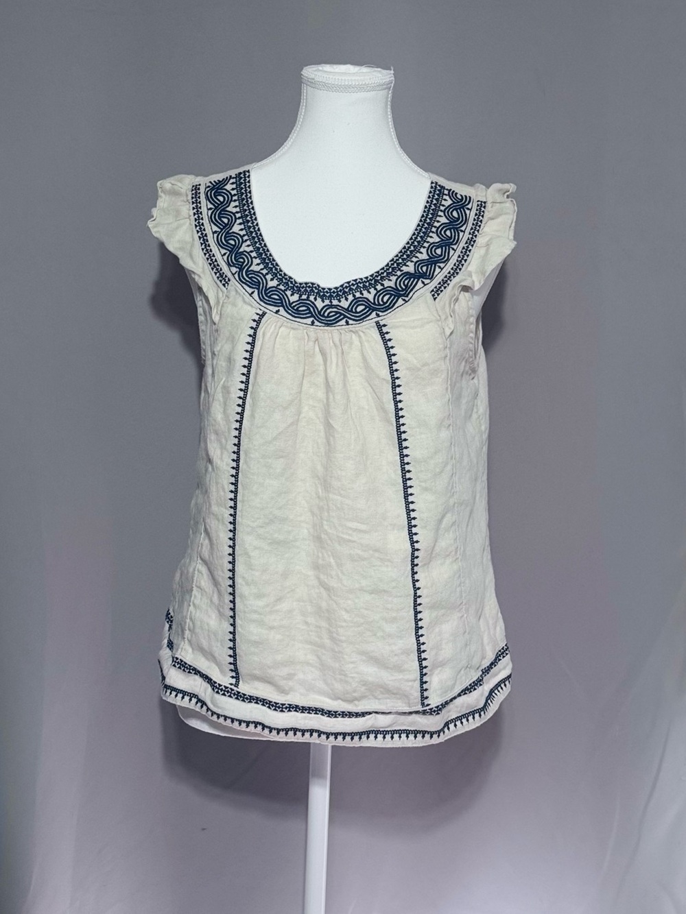 Cream Sleeveless Embroidered Linen Top